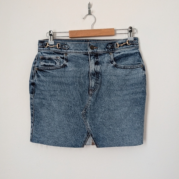 Express Blue Indigo Denim Gold Tone Horsebit Cut Off Raw Hem Jean Mini Skirt - Picture 2 of 7